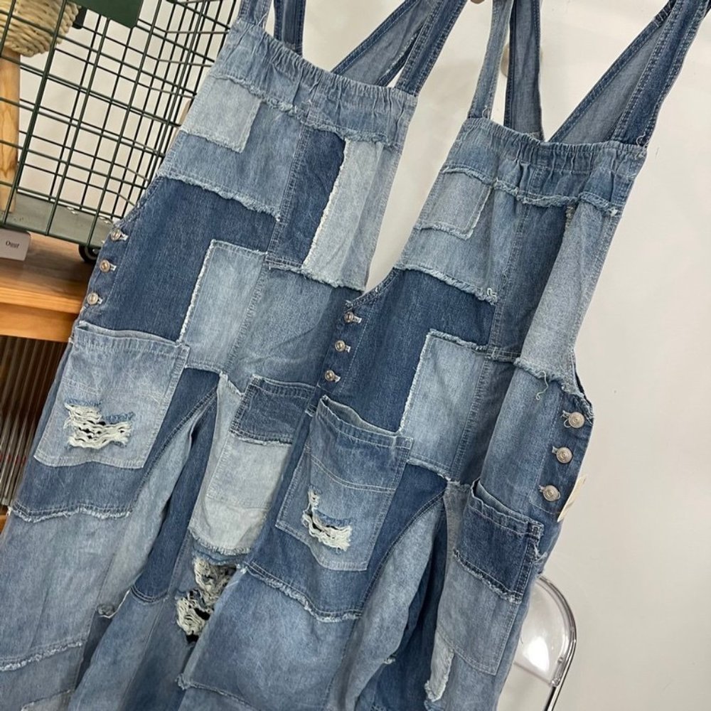 We the Free People Baggy Denim Jumpsuit Fern Overalls Patchwork Raw Hem Grunge - Picture 7 of 11